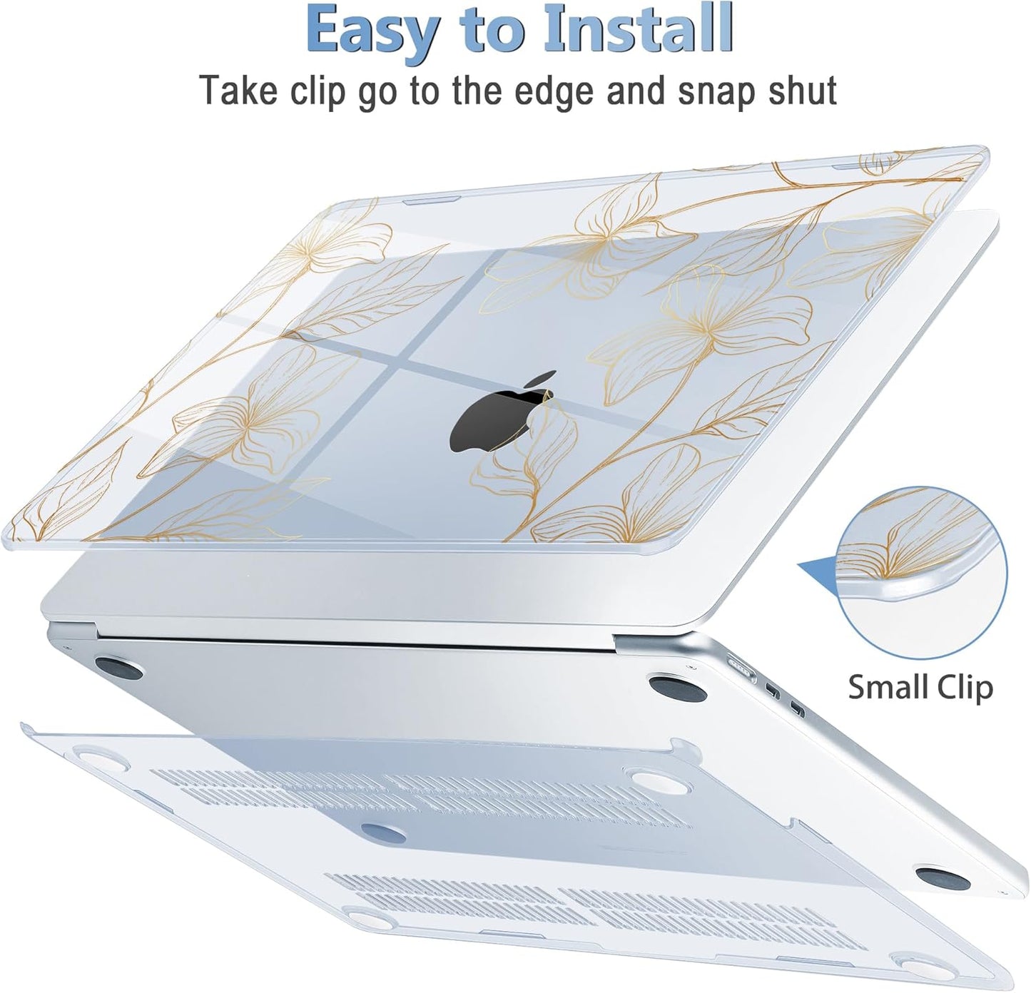 Mektron for 2025 MacBook Air 15 inch M4 Case A3241/ 2024 M3 A3114/ 2023 A2941 M2 Hard Printed Case with 15.3 Liquid Retina Display Touch ID, Plastic Hard Cover & Keyboard Skin- Gold Flower S718-Blue