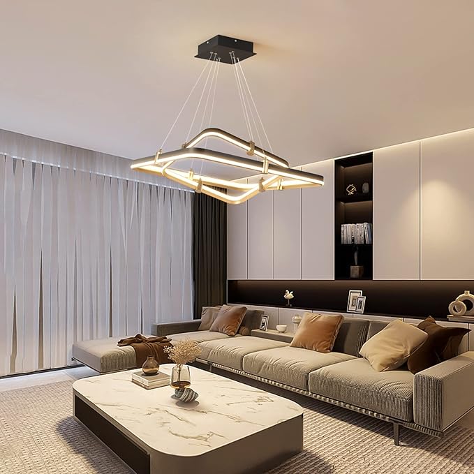 Siittoo Modern Black Chandelier Dining Room Light Fixture, 96W Dimmable LED Modern Pendant Light, 2-Ring Rectangular Chandelier Hanging Light Fixture for Kitchen Island Living Room Hall, Φ=24''+16''