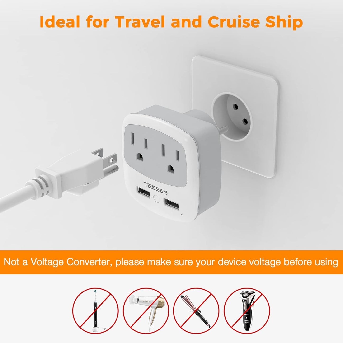 TESSAN Israel Power Adapter, Type H Travel Plug Adaptor with 2 USB Ports 2 American Outlets for US to Israel Jerusalem