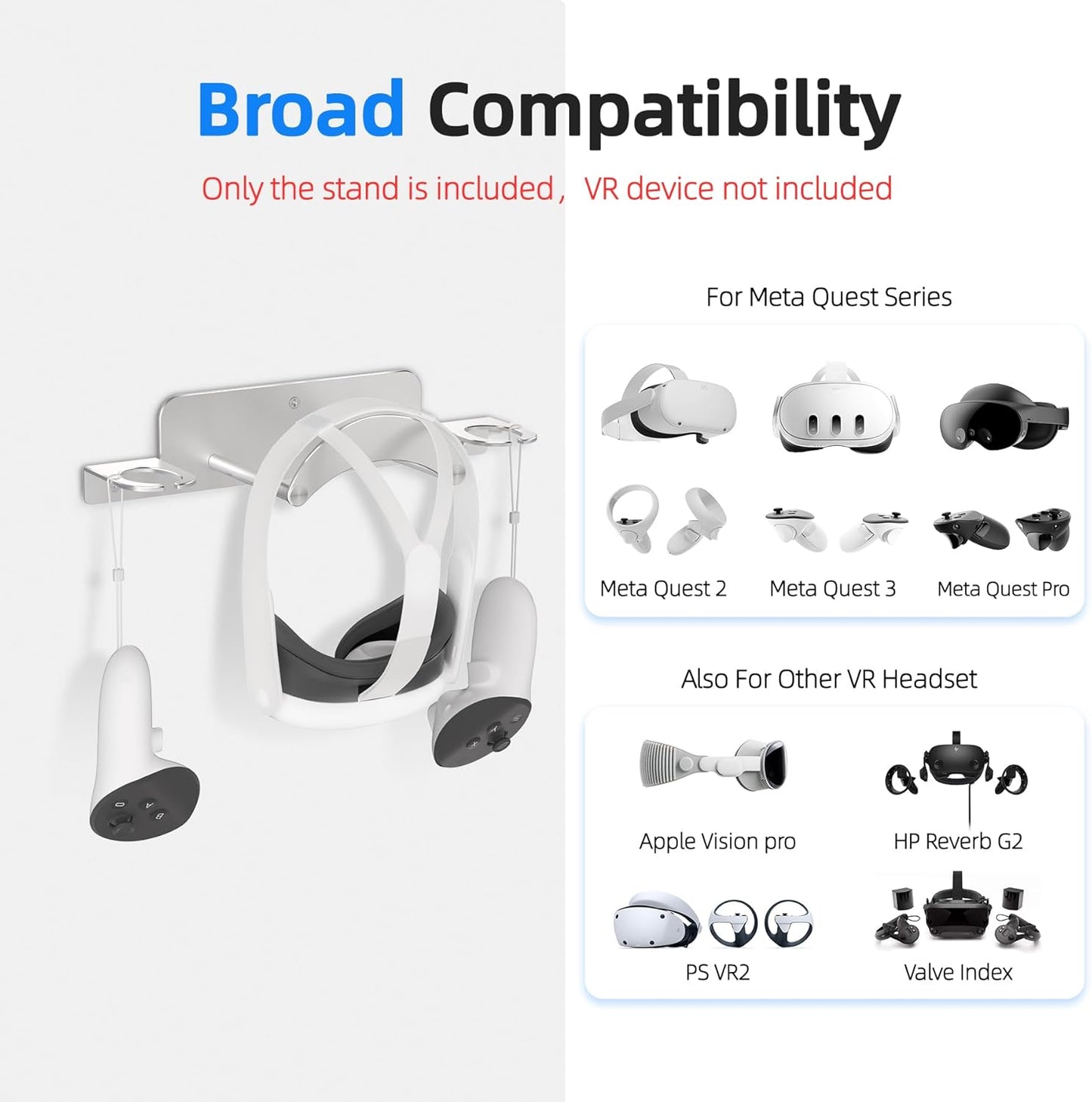 VR Wall Mount Aluminum Alloy,VR Headset Wall Mount Storage Stand Hook Compatible with Meta Quest 3/Quest Pro/Quest 2,Quest 3 Stand with 2 Storage Way,Desk Space Saving(Silver)