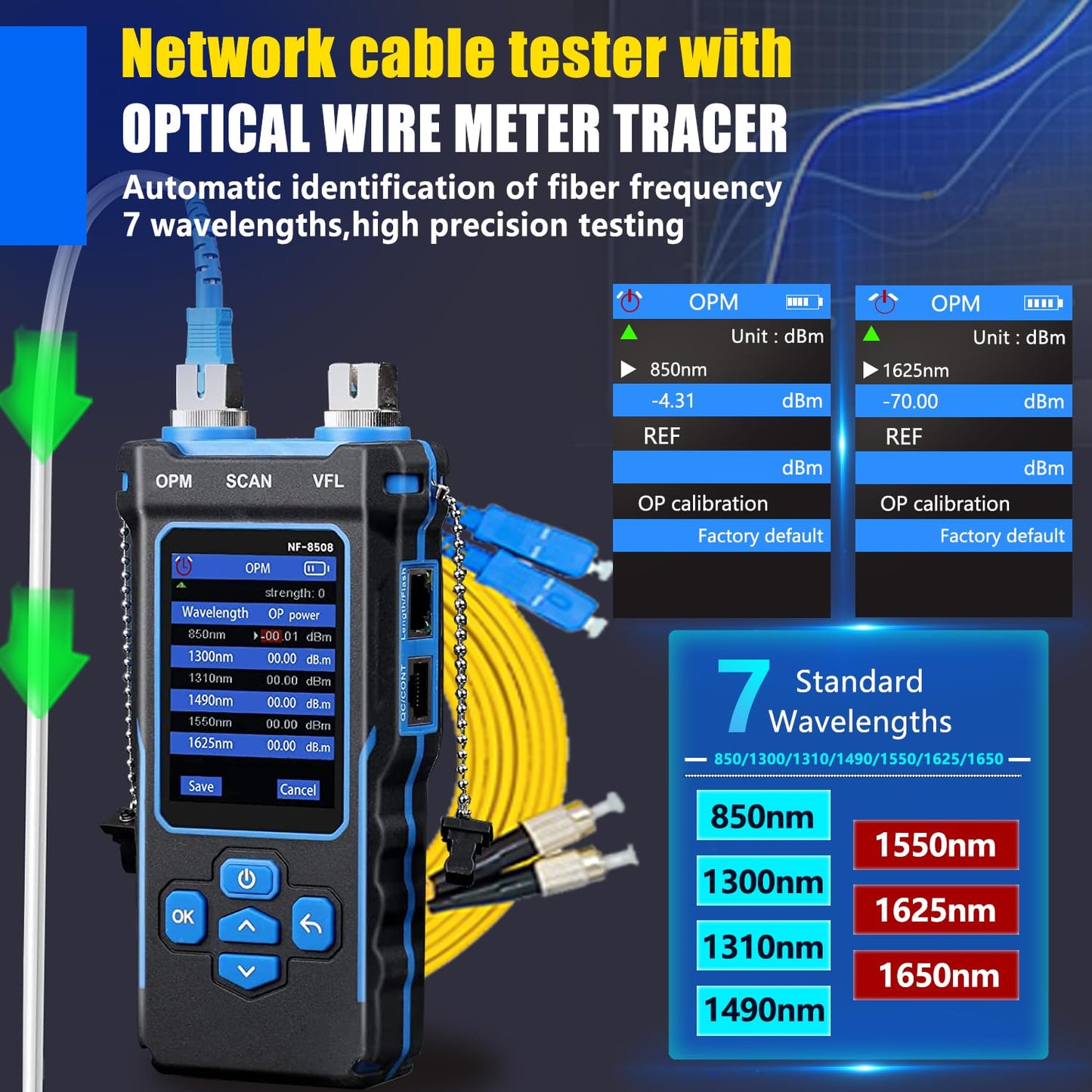 NOYAFA NF-8508 Network Cable Tester with 7 wavelength Optical Power Meter VFL,RJ11 RJ45/PoE Tester/CAT5 CAT6/NCV with 10mw Visual Fault Locator,Network Tool with Lithium Battery