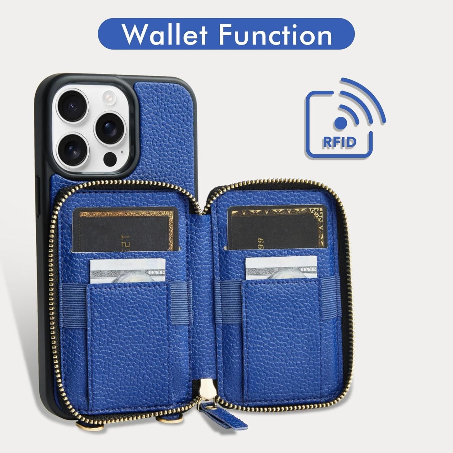 ZVE for iPhone 15 Pro Crossbody Wallet Case for Women, Card Holder Phone Purse Case, RFID Blocking Zipper Leather Cover with Wrist Strap for iPhone 15 Pro(6.1 inch)- Navy Blue