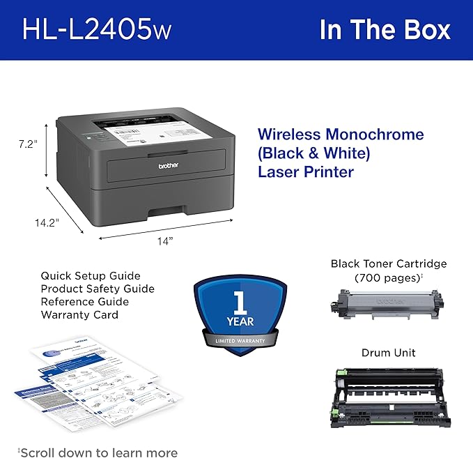 Brother HL-L2405W Wireless Compact Monochrome Laser Printer with Mobile Printing, Black & White Output | Includes Refresh Subscription Trial(1), (Renewed Premium)