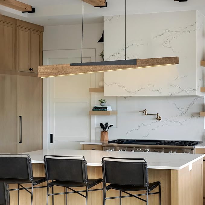 EDISLIVE 49.2 in Wood Linear LED Pendant Light Modern Dimmable LED Chandelier Adjustable Linear Hanging Light Fixture 3000K 25W Island Light for Dinning Room Kitchen Black Wood Tilted