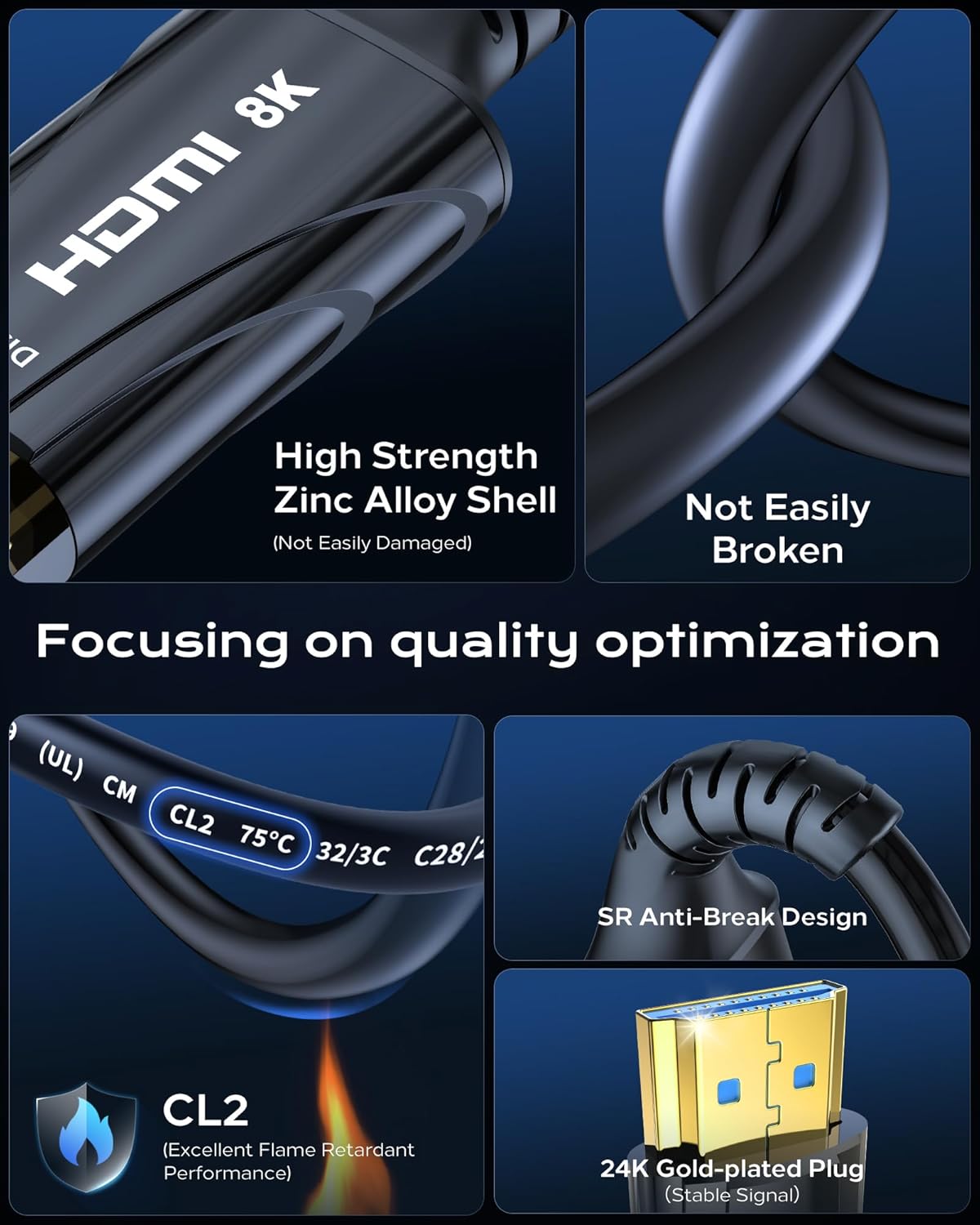 8K Fiber Optic HDMI Cable Long 50FT CL2 in Wall - 48Gbps High-Speed 8K 60Hz,4K120Hz,HDCP 2.2&2.3, HDR10 - HDMI Cord Compatible with HDTV,Monitor,Projector
