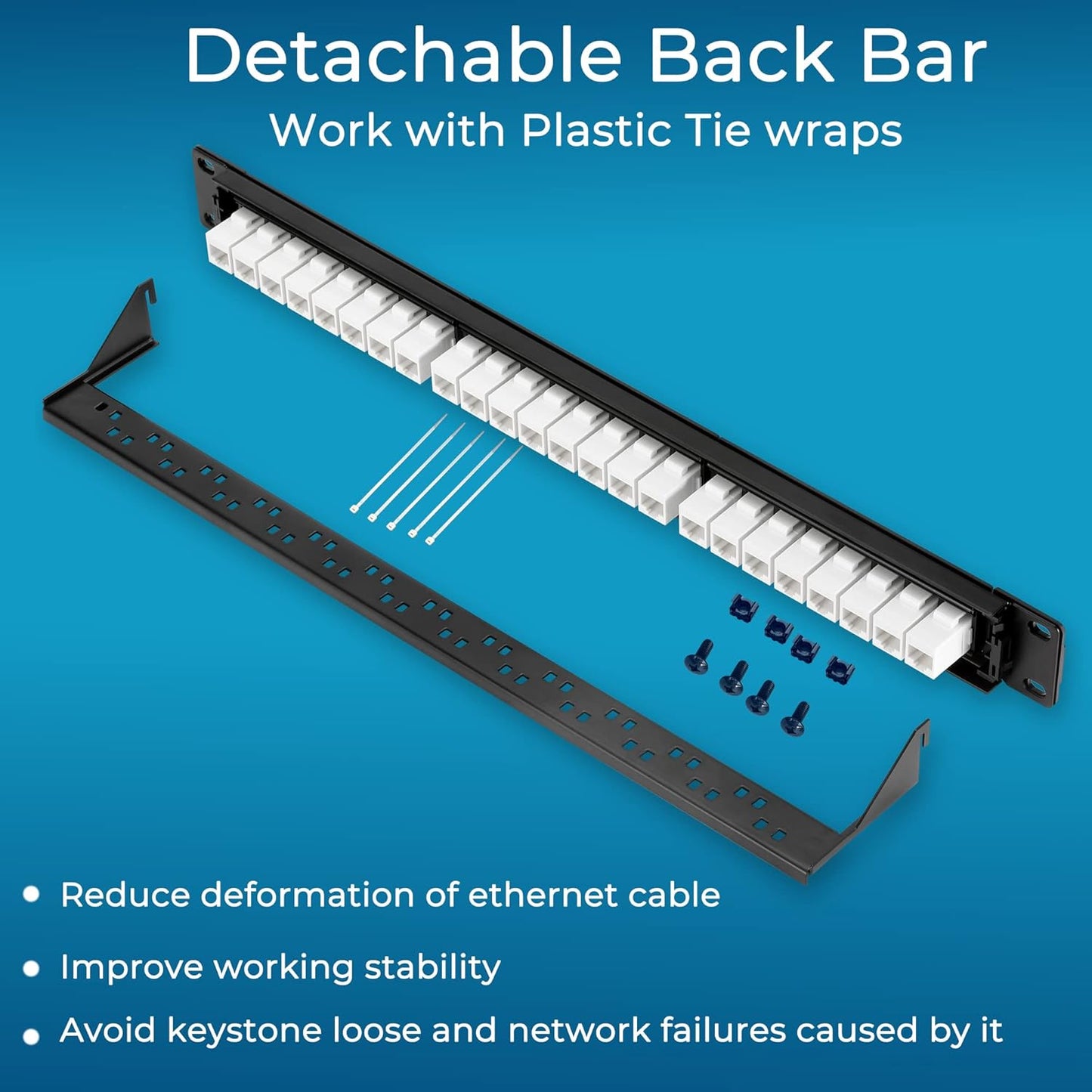 Rapink Patch Panel 24 Port Cat6 with White Inline Keystone 10G Support, Pass-Thru Coupler Patch Panel UTP 19-Inch with Removable Back Bar, 1U Network Panel for Cat6, Cat5e, Cat5 Cabling