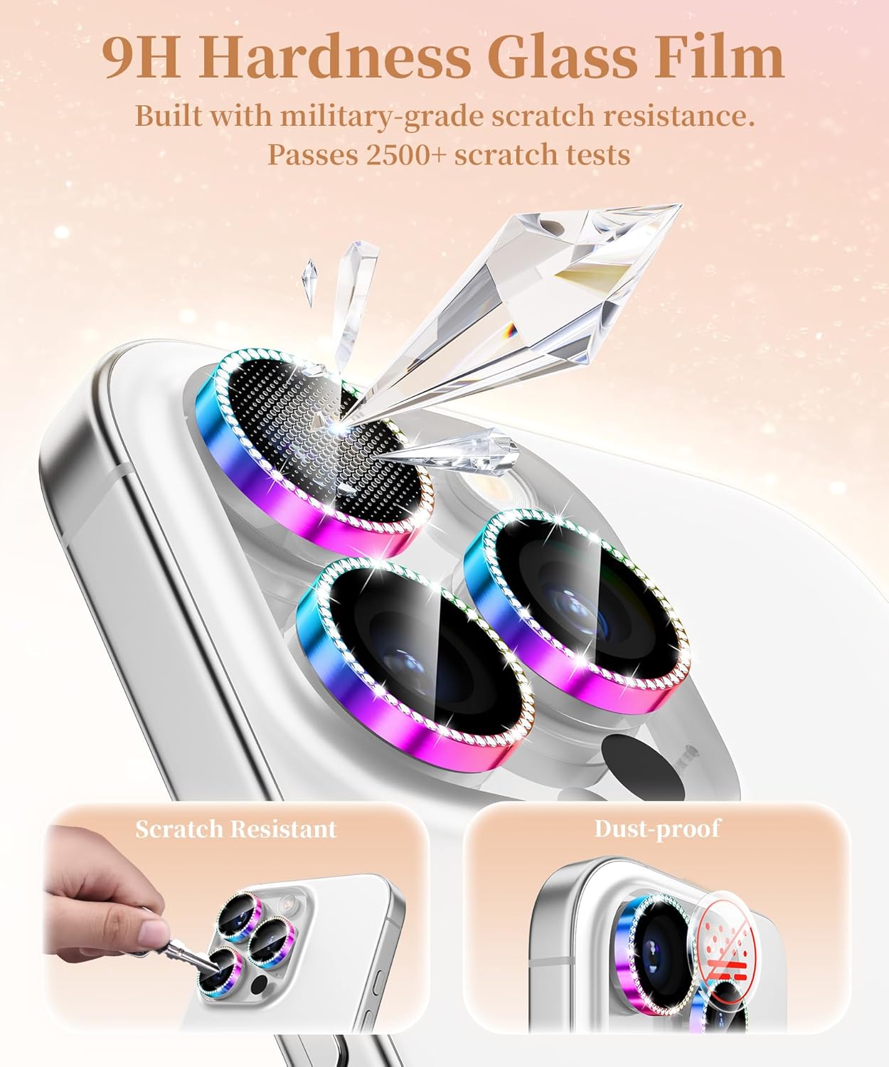 GolbinBox Camera Lens Protector for iPhone 16 Pro Max/16 Pro, 1:1 Invisible Fit, 9H Tempered Glass Ultra HD Metal Individual Camera Cover Screen Protectors for Women, Case Friendly, Bling/Colorful