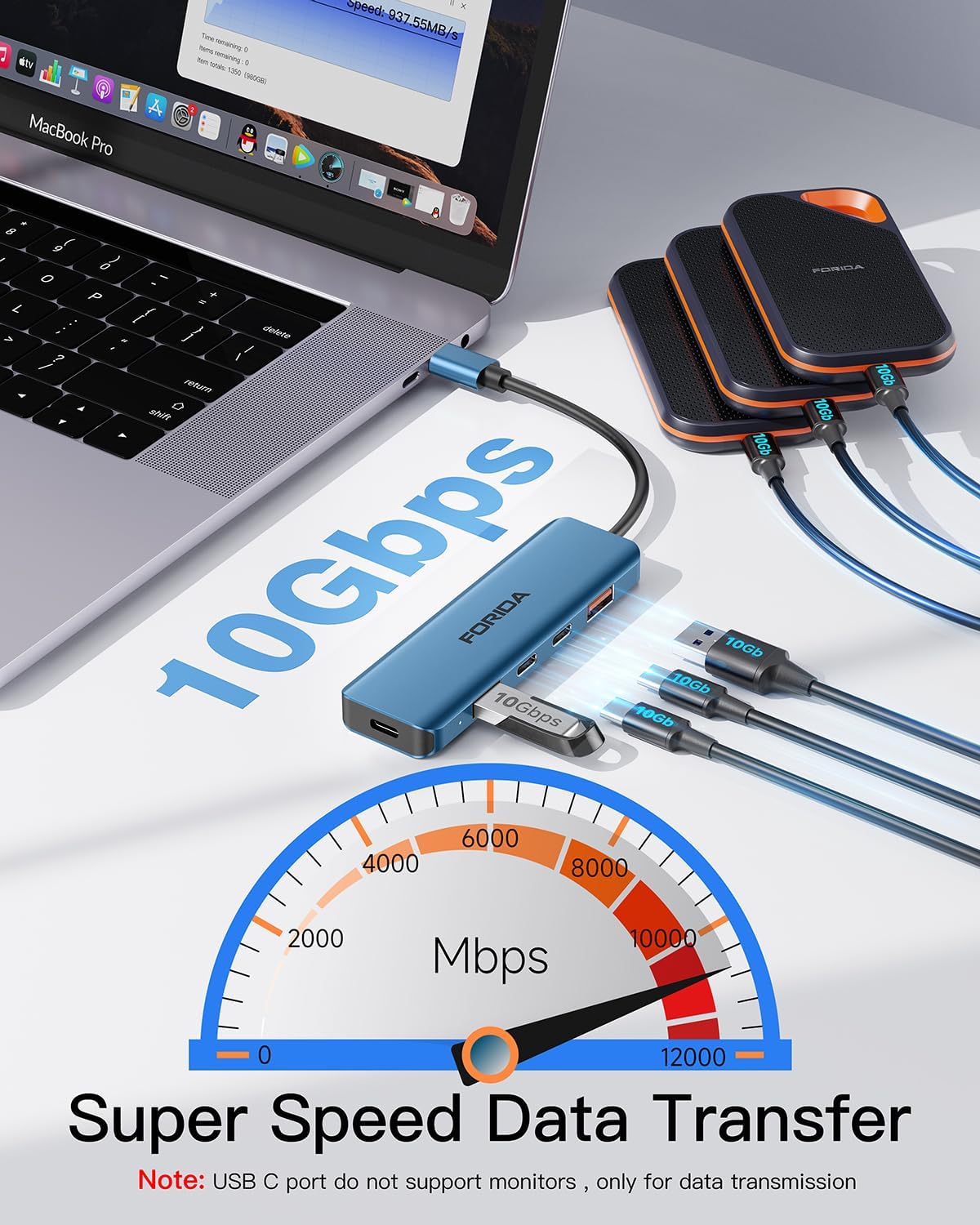 USB C Hub, 10Gbps USB 3.1 Adapter for MacBook, with 100W PD Charging, 2 USB C 3.1 10Gbps and 2 USB A 3.1 Data Ports, Compatible with Surface, XPS, Samsung, Dell and More (Blue)
