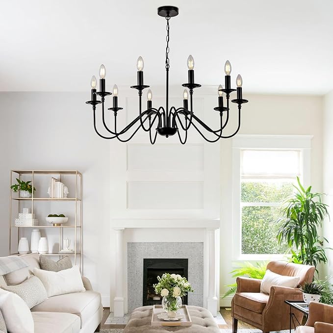 Black Farmhouse Chandeliers, 10 Light S-Arm Modern Candle Hanging Pendant Light, Industrial Rustic Metal Ceiling Kitchen Island Lights for Living Room, Entryway, Foyer, Bedroom, Dining Room