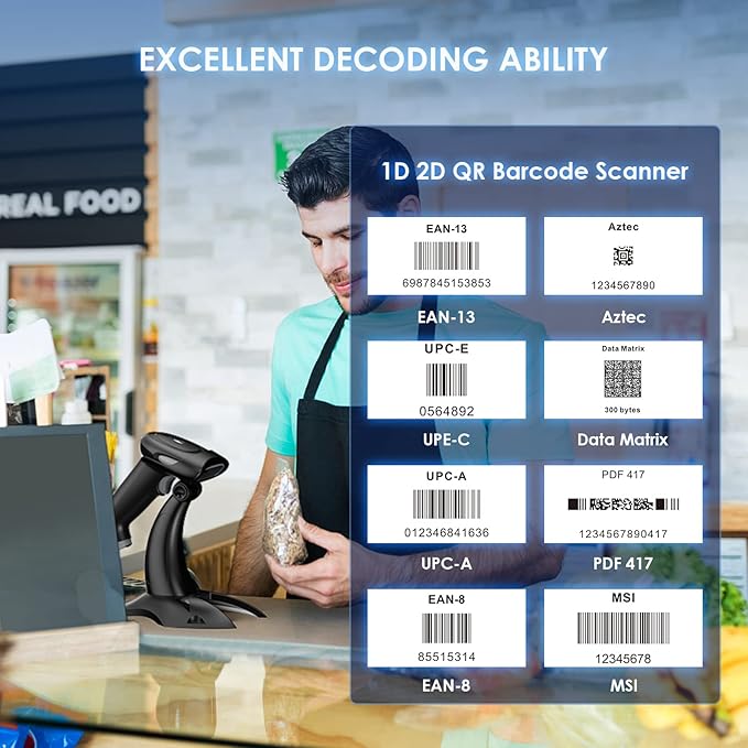 Eyoyo 2D 1D Wireless Barcode Scanner with Stand, 3-in-1 Barcode Reader 2.4G Wireless & Bluetooth & Wired USB Connection, Handheld QR Scanner Compatible with iPhone, Mac, Android, Store, Warehouse...