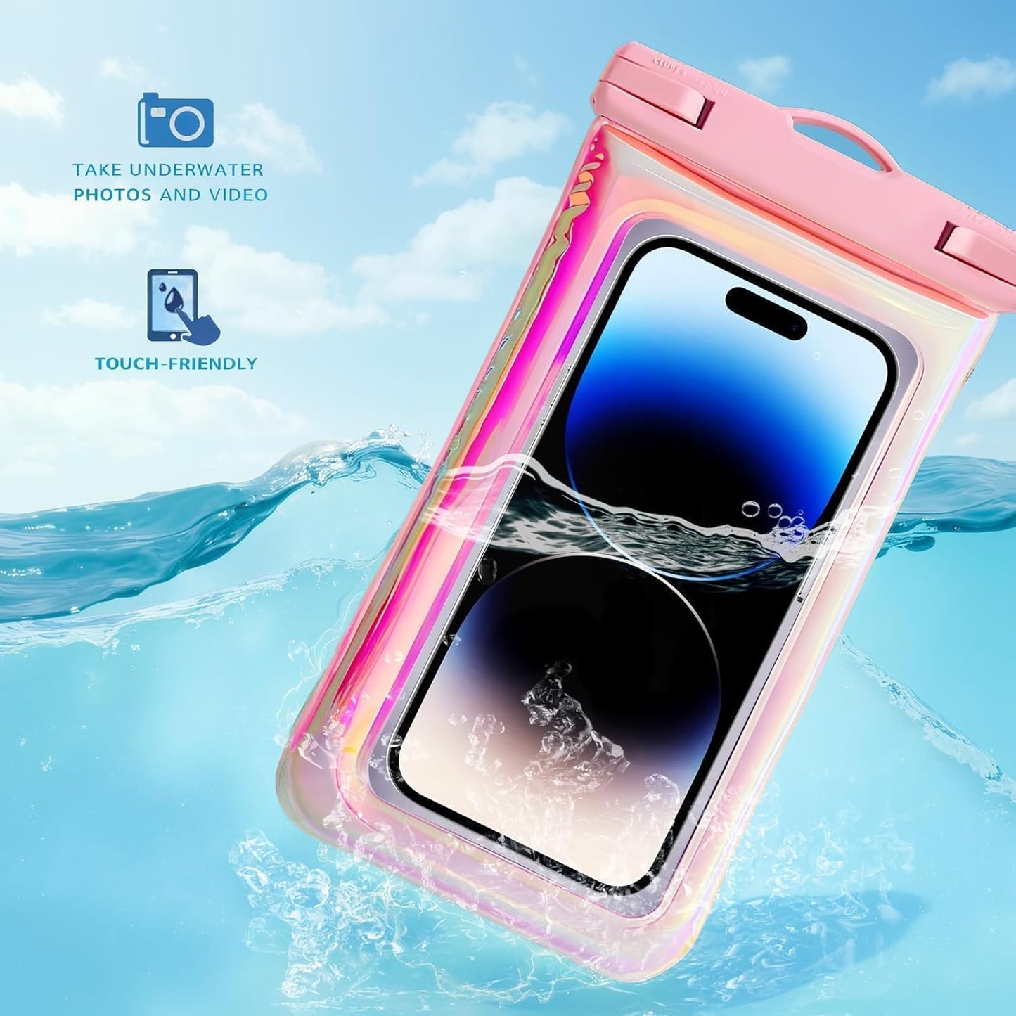 Floatable Waterproof Phone Pouch Case for iPhone 16 Pro Max/15/14/13/12, IP68 Travel Cellphone Dry Bag, Beach Cruise Ship Essentials Bags with Crossbody Lanyard, Iridescent Pink 1 Pack