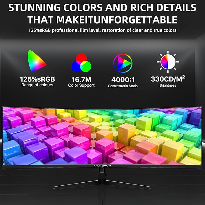 49 Inch Curved Ultrawide Gaming Monitor 5K, DFHD(5210x1440P), 165Hz, HDR10 1500R, 32:9, AMD FreeSync, 125% sRGB, Computer Monitor, Built-in Speakers, HDMI/DP VESA100*100mm Black