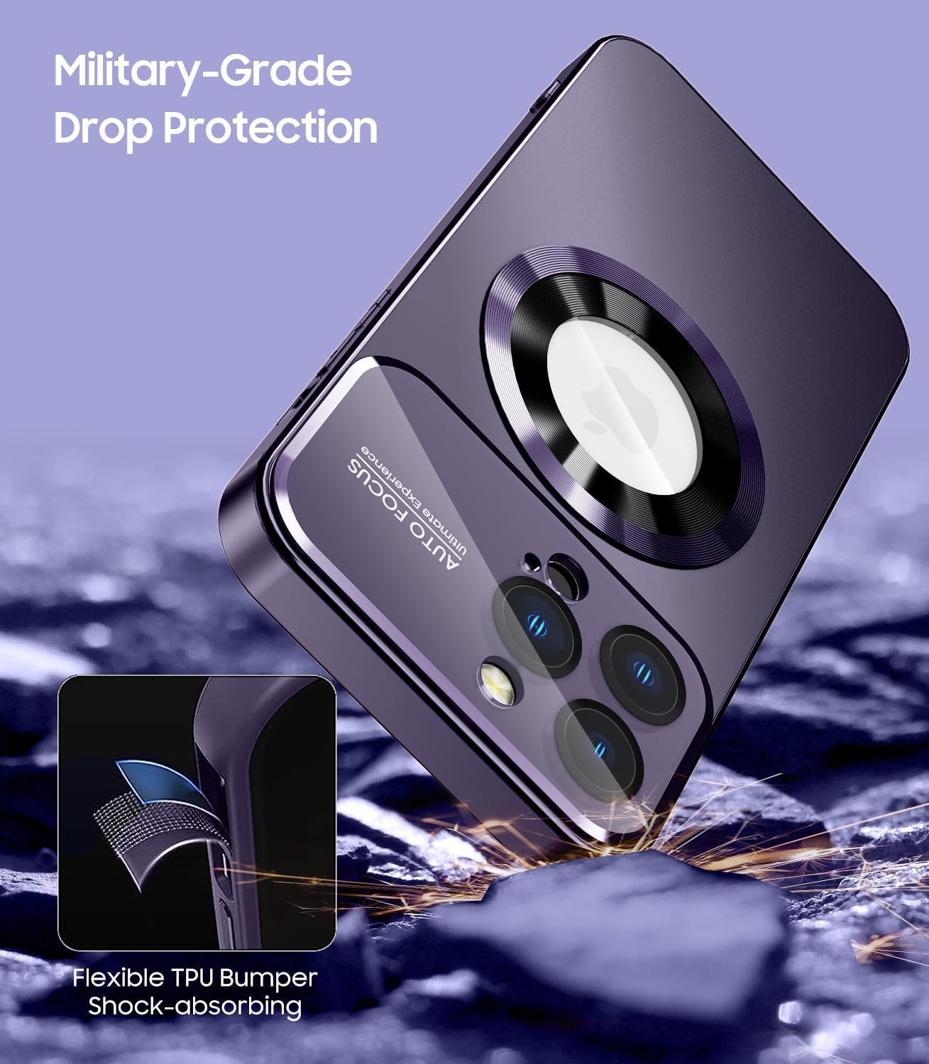Magnetic for iPhone 13 Pro Case, Built-in Camera Lens Protector, Compatible with MagSafe, Logo View, Military Grade Protective Phone Cover, Purple