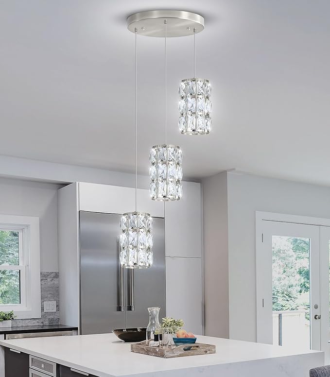 3-Lights Modern Crystal Pendant Lights for Kitchen Island LED Dimmable Glam Pendant Lighting Chandelier for Dining Room Hallway Corner Lamp Nickel