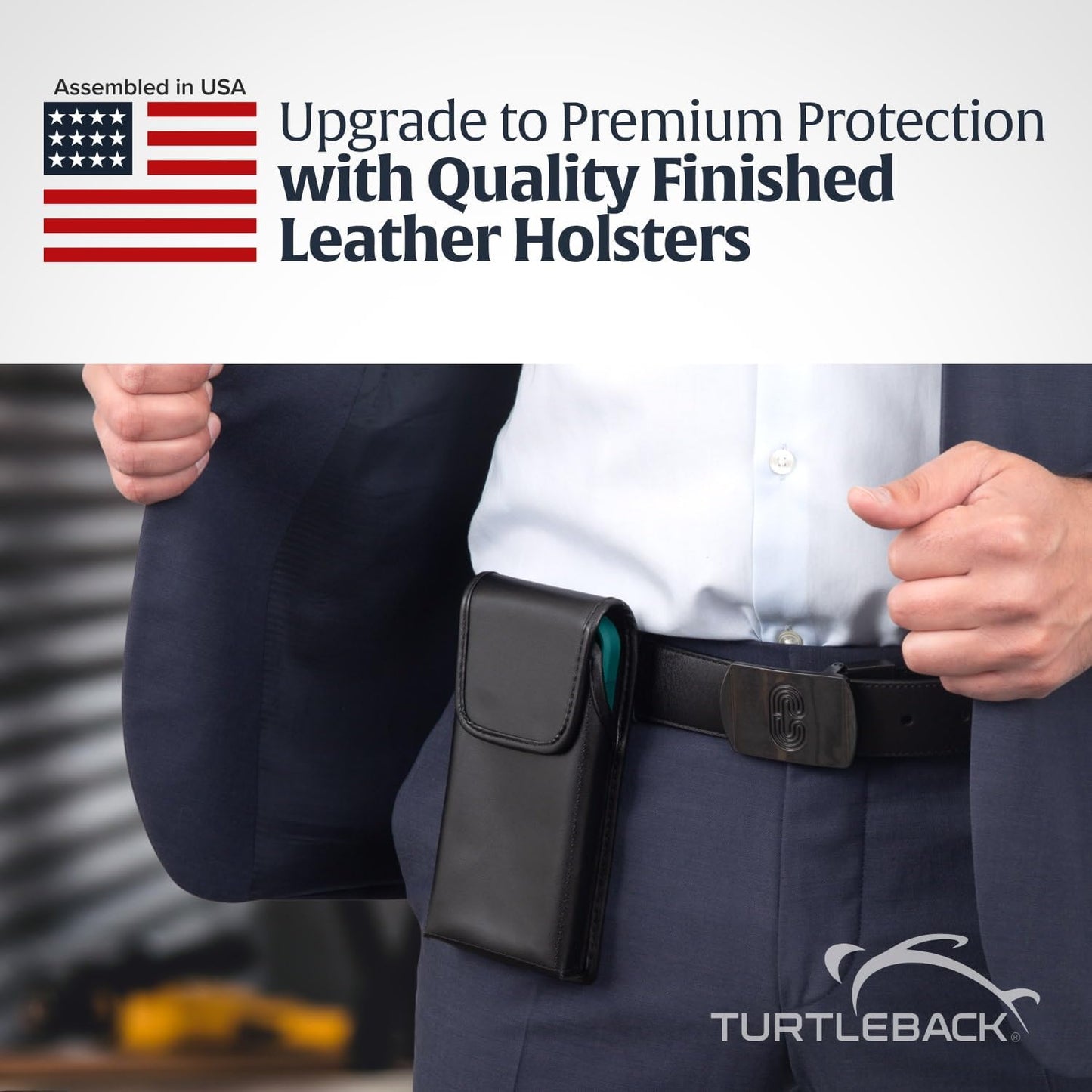 Turtleback Belt Holder for iPhone 16 Pro, 16e, 15 pro 14 Pro 13 Pro -Medium- Fits w/Shockproof Commuter Style Cases, Premium Black Leather Vertical Holster, Magnetic Closure Leather Wrapped Clip