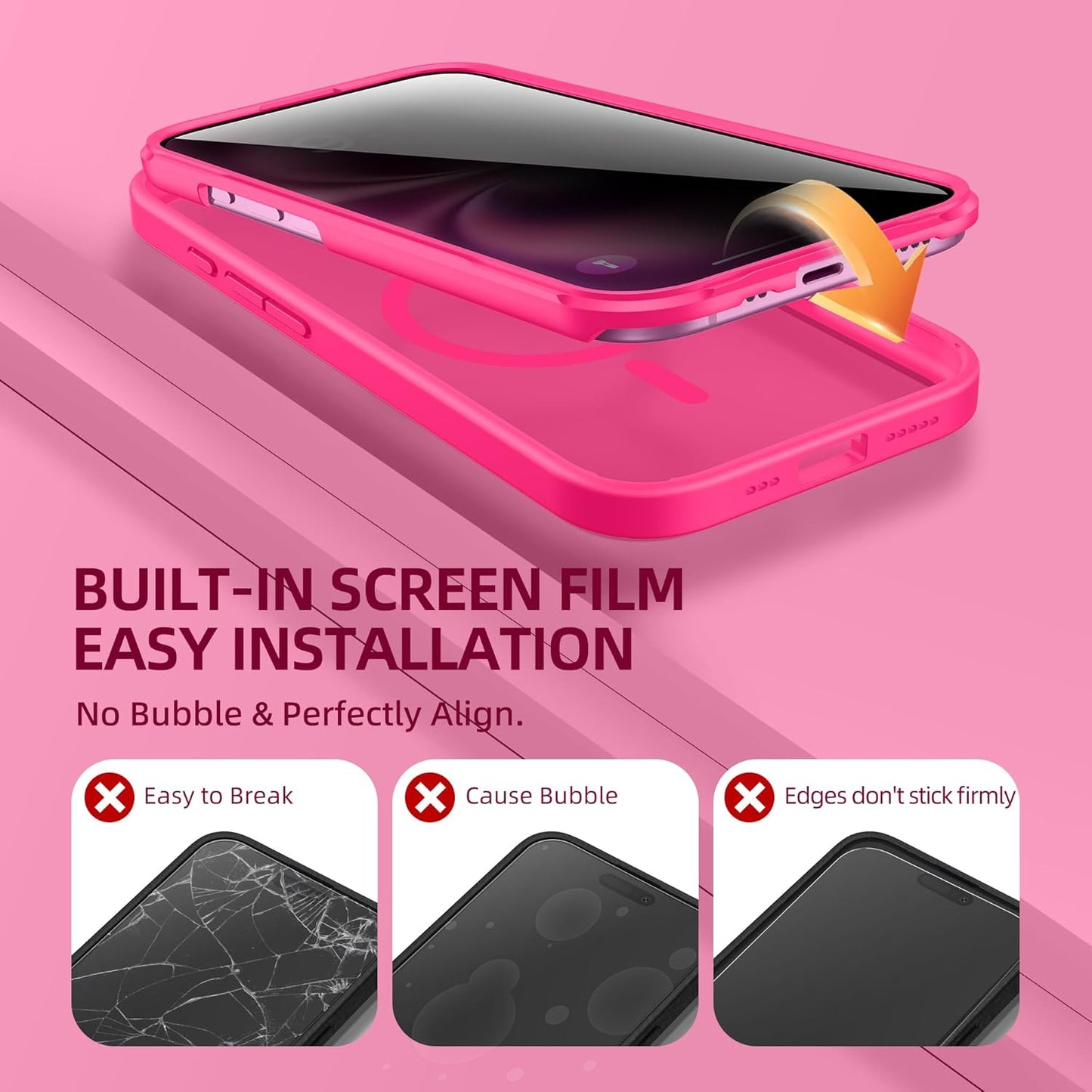 BERFY Magnetic for iPhone 16 Case, Compatible with MagSafe, Built-in Privacy Screen Protector and Upgraded Camera Protection, Anti-Spy Full Body Shockproof Phone Case for 16 6.1", Hot Pink