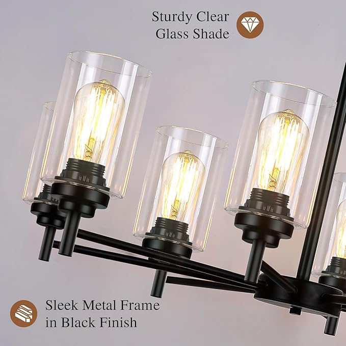 Sucolite 33.5'' 8-Light Chandelier for Dining Room Kitchen Island, Modern Farmhouse Pendant Lighting with Glass Shades Industrial Black Hanging Ceiling Light Fixture for Living Room, Height Adjustable