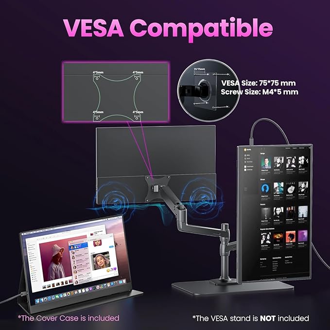 Portable Monitor 18.5 Inch IPS Display, FHD 1080p 100Hz 100% sRGB Laptop Screen Extender, HDR HDMI USB-C VESA Travel Monitor for Laptop PC Mac Phone, PS4/5, Xbox, Switch