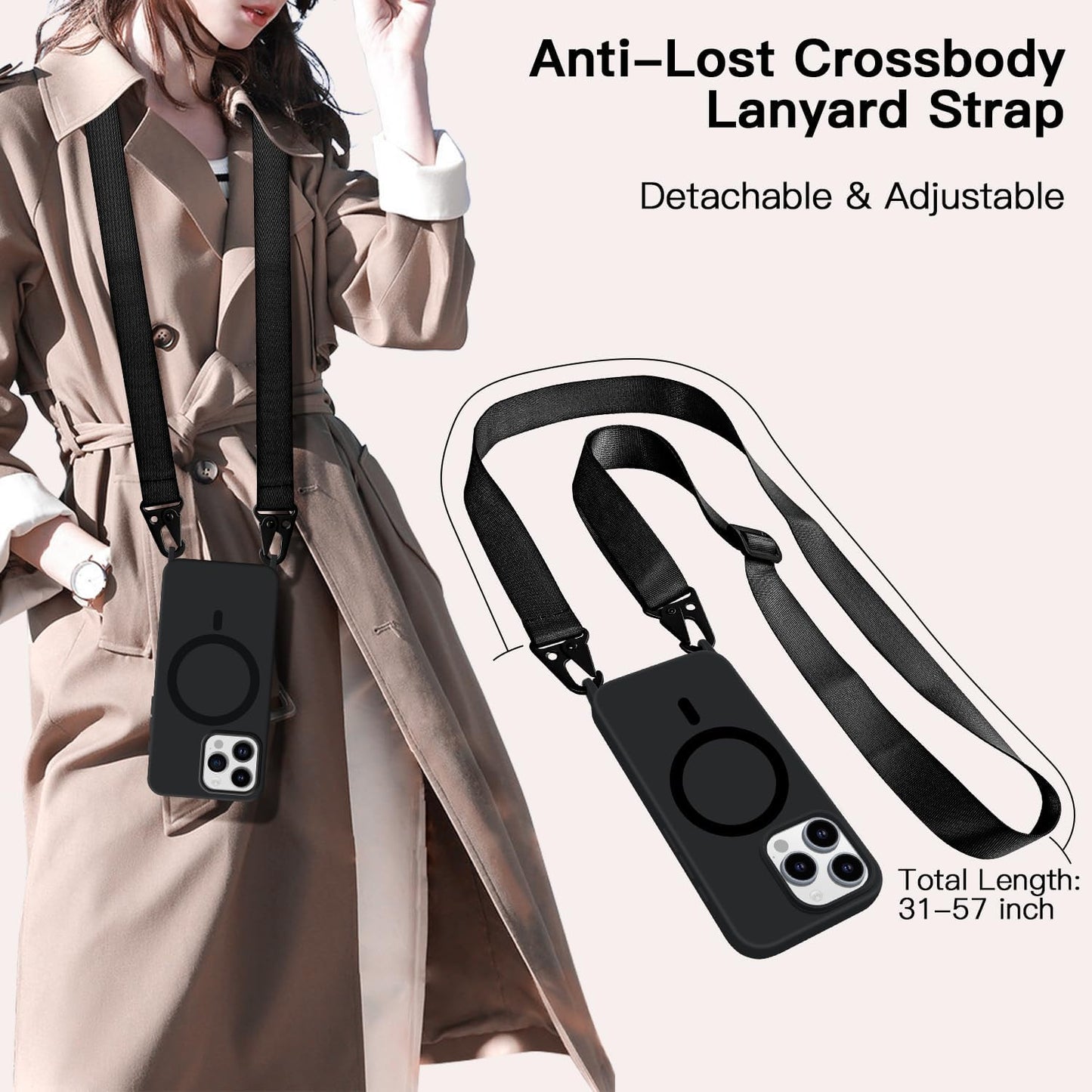 for iPhone 15 Case with Lanyard [Compatible with MagSafe], Crossbody Phone Case with Neck Strap Adjustable, Magnetic Phone Cover for iPhone 15 6.1'' Black