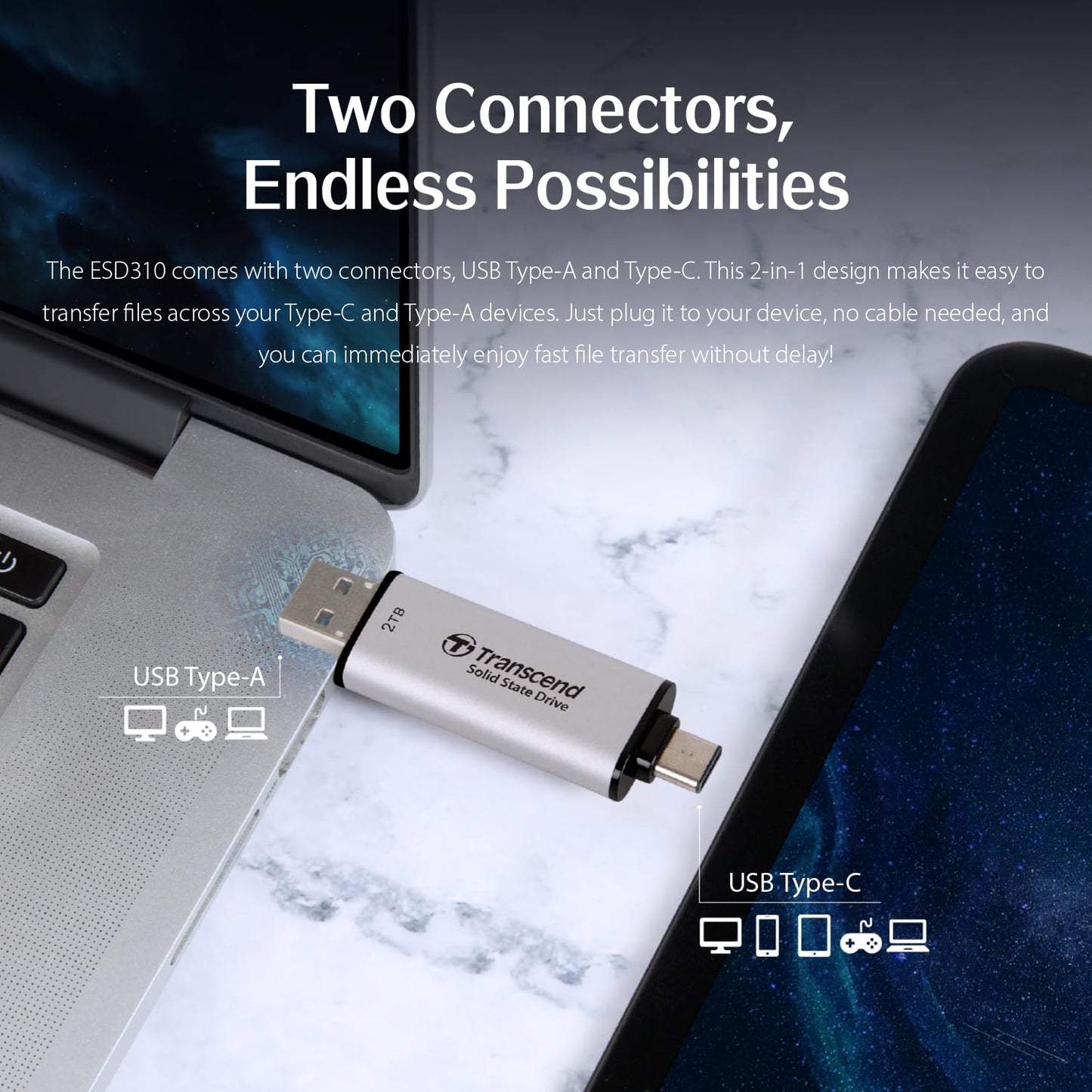 Transcend 2TB External SSD, Up to 1,050MB/s, USB 3.2 Gen 2 Portable SSD, 2-in-1 Type C &Type A, USB Hard Drive for Steam Deck, ROG Ally, MSI Claw, Windows&Mac, iPhone&iPad, Android, PS5&Xbox, Smart TV