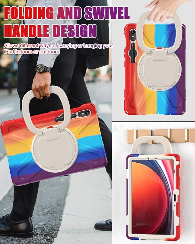BRAECN Rugged Case for Samsung Galaxy Tab S10 Lite/S10 FE 2025 & S9 FE/S9/S8/S7 10.9"/11" | Protective Silicone Cover with 360°Swivel Handle/Kickstand, Shoulder Strap & S Pen Holder, Colorful Red