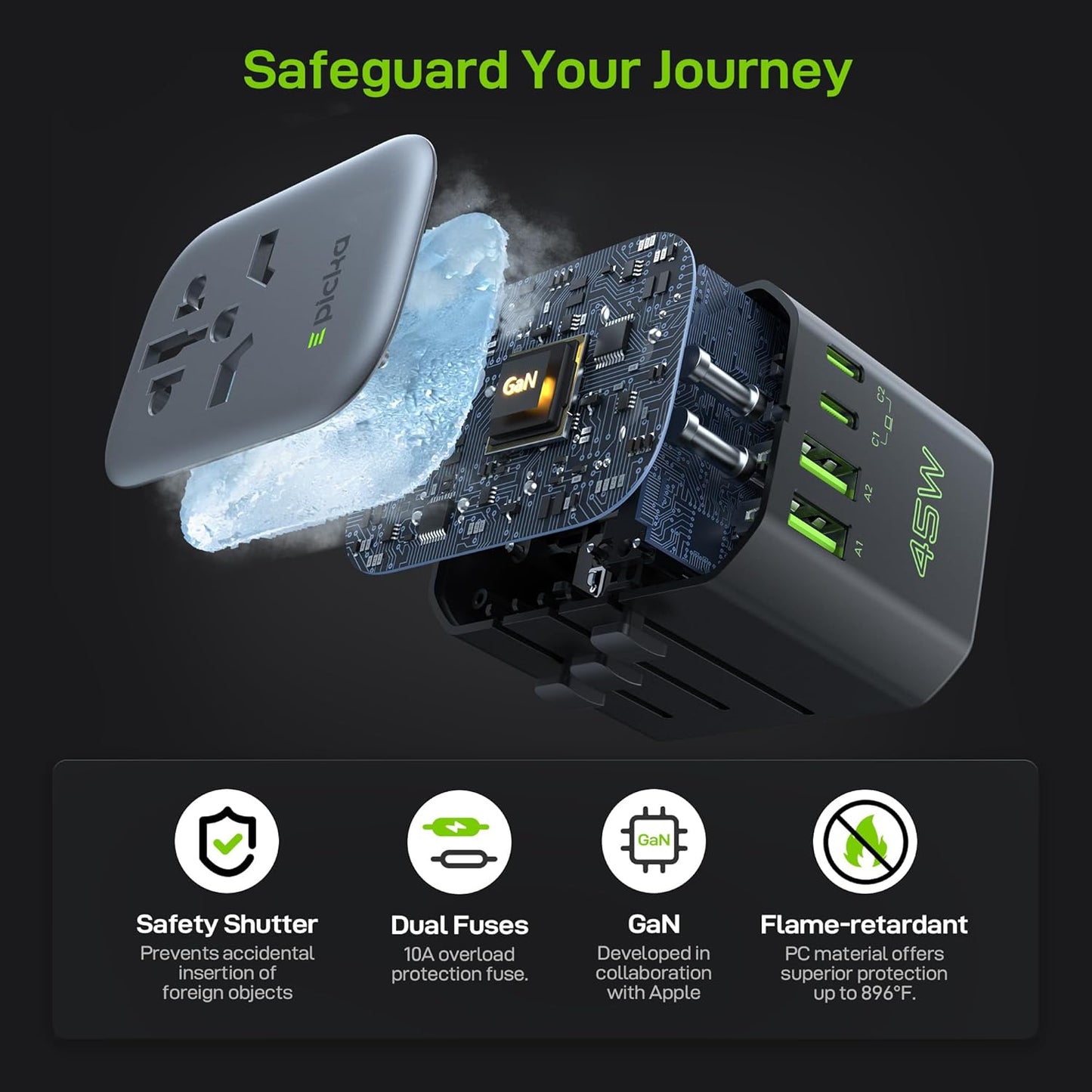 EPICKA Pulse 45W European Travel Plug Adapter, Universal Power Adapter with PD Fast Charging, 5-Port (1 AC/2 USB-A/2 USB-C) International Charger Adapter for Europe, Japan - Travel Essentials (Black)