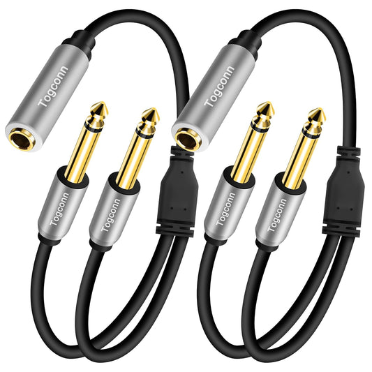 2-Pack 1/4 inch TS Mono Splitter Y Adapter, 6.35mm Mono Female to Dual 6.35 mm TS Mono Male Jack, Quarter inch Audio Speaker Splitter Converter Cable 1 Feet, Gold Plated Connectors