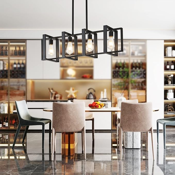 Farmhouse Rectangle Chandeliers for Dining Rooms, 31.5 INCH Modern Linear Hanging Light Fixture Matte Black 4-Light Industrial Pendant Lighting for Kitchen Island
