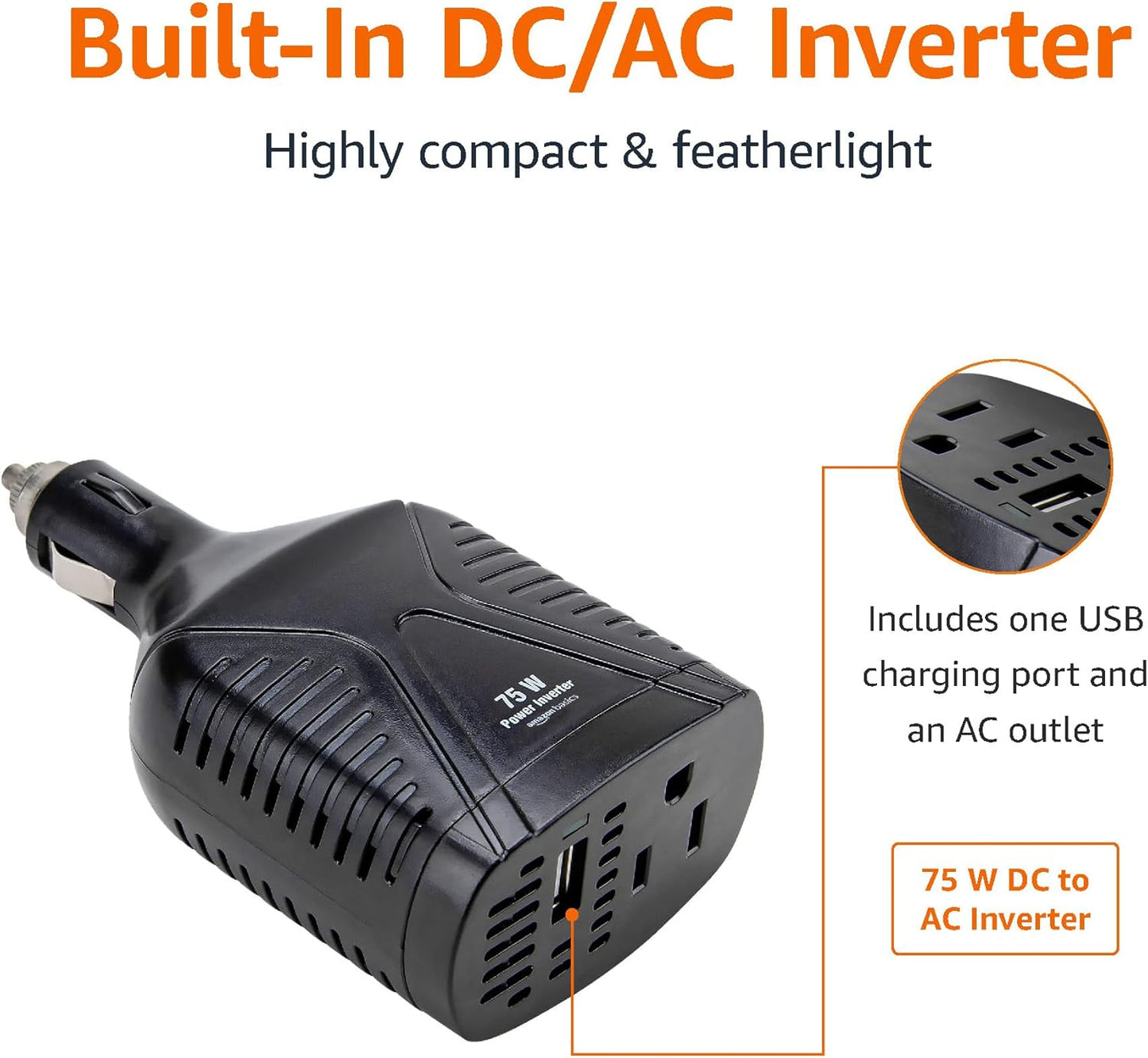 Amazon Basics 75W Car Power Inverter 12V to 110V for Vehicles, Black, 5.07 x 2.65 x 1.6 inches