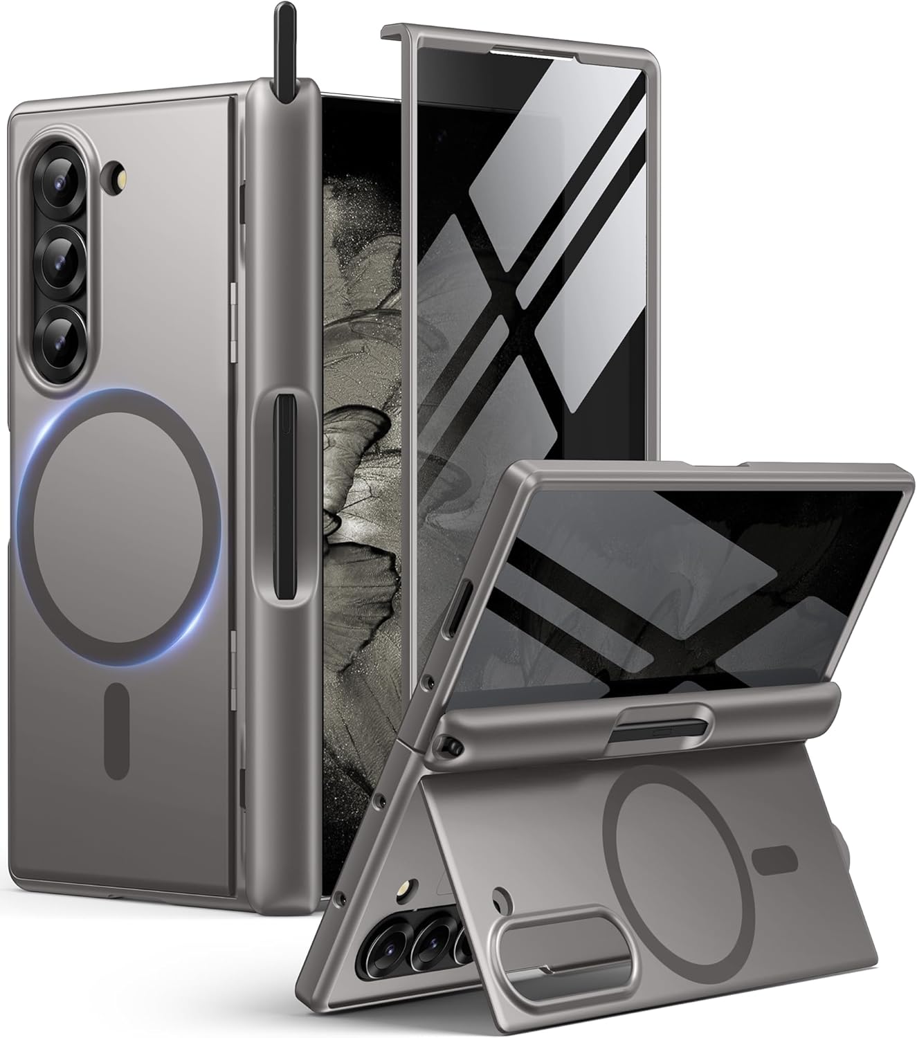 BERFY for Samsung Galaxy Z Fold 6 Phone Case Grey | Magnetic, with Privacy Screen Protector, Compatible with MagSafe, Anti Spy, Built-in S Pen Holder, Kickstand, Full-Body Shockproof, for Z Fold 6