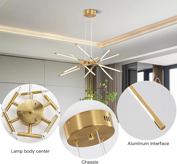 Modern Gold Chandelier, 12-Light LED Linear Pendant Light Fixture, Dimmable Gold Chandeliers for Dining Room, Living Room, Bedroom, Kitchen Island