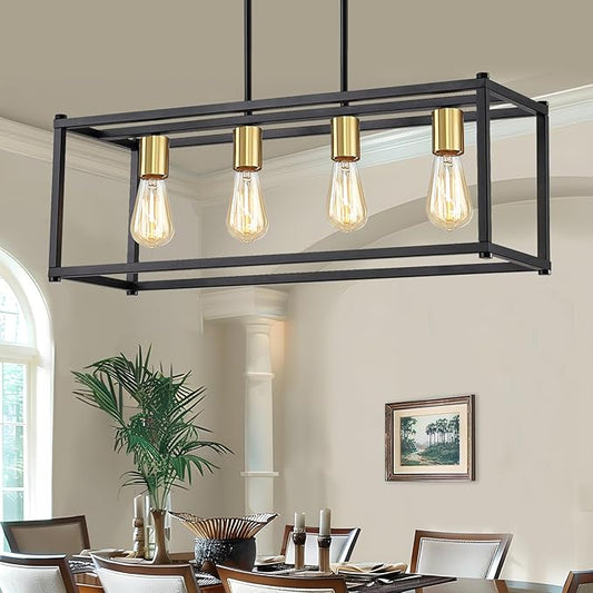 4-Light Dining Room Light Fixture,Black Farmhouse Kitchen Island Lighting,Rustic Pendant Light Over Table with Adjustable Rods,Modern Linear Chandeliers for Dining Room Kitchen Island