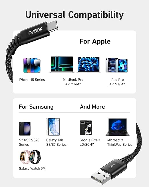 USB A to USB C Cable Fast Charging 10FT 2Pack, Long USB C Cable for Car, Durable Braided USB to USB Type C Cord iPhone USBC Charger for iPhone 17/16/15/Pro Max, Samsung Galaxy S23 and More-Black