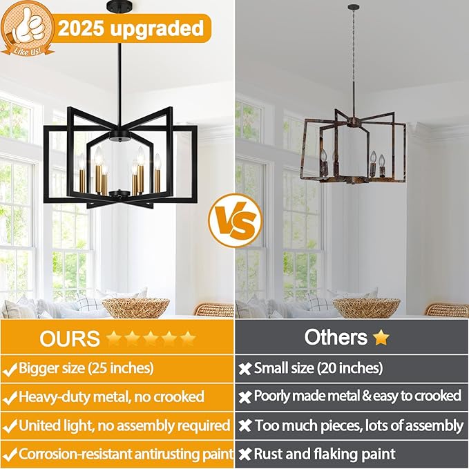 25" Modern Black and Gold No Assembly Required Chandelier for Dining Room, Black and Gold Dining Room Light Fixture Over Table, Industrial Metal Hanging Pendant Light for Kitchen Island, Entryway