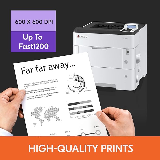KYOCERA ECOSYS PA6000x Monochrome Laser Printer, 62 ppm, 600 x 600 dpi and Up to Fine 1200 dpi, 600 Sheet Tray, 100 Sheet MPT, Duplex, 5 Line LCD w/Hard Key Panel, Gigabit Ethernet, USB, 512 MB