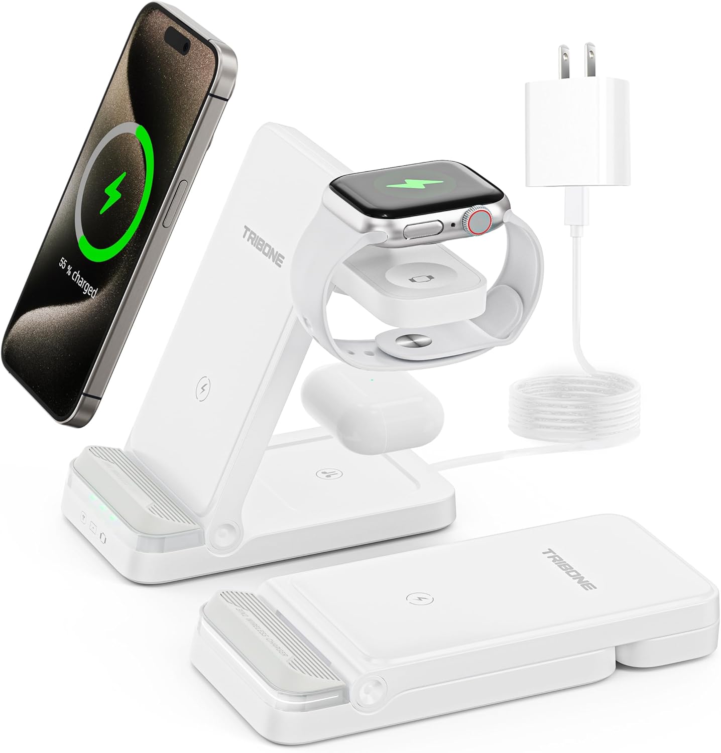 Wireless Charger, Tribone 3 in 1 Foldable Fast Charger for iPhone 16 15 14 13 12 11 Pro Max XR XS 8 Plus,for Multiple Devices，for Apple Watch 10 9 8 7 6 5 4 3 2 SE Ultra,for AirPods Pro 4 3 2 (White)