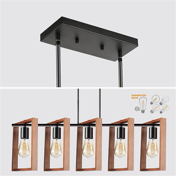 5-Light Island Lights for Kitchen, Rectangular Wood and Black Metal Kitchen Island Chandelier 41.3" Adjustable Rustic Modern Dining Room Light Fixtures Over Table, Chandeliers for Dining Room