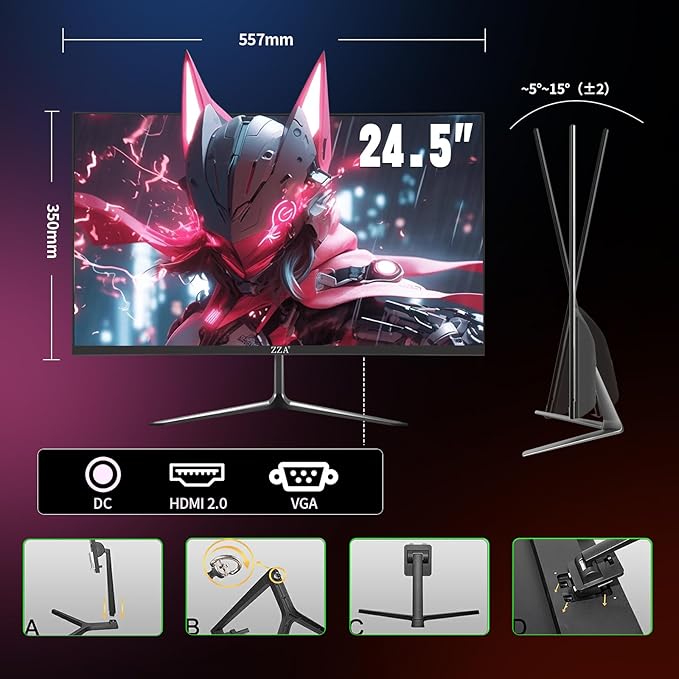 ZZA 24.5 Inch FHD (1920x1080) 120Hz Curved Gaming Monitor, 3000R Curvature VA Panel, 1ms MPRT, AMD FreeSync, Ultra-Thin Bezel, Eye Care, for Esports,PC