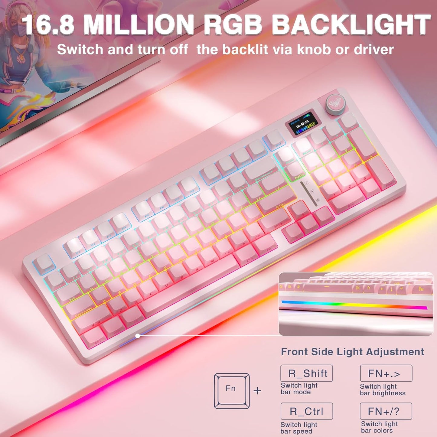 AULA S98 Pro Wireless Mechanical Keyboard with Screen & Knob,2.4GHz/USB-C/BT5.0 Hot Swappable Pink Creamy Keyboard,Pre-lubed Linear Switches,Side Printed PBT Keycaps,RGB Backlit Gaming Keyboards