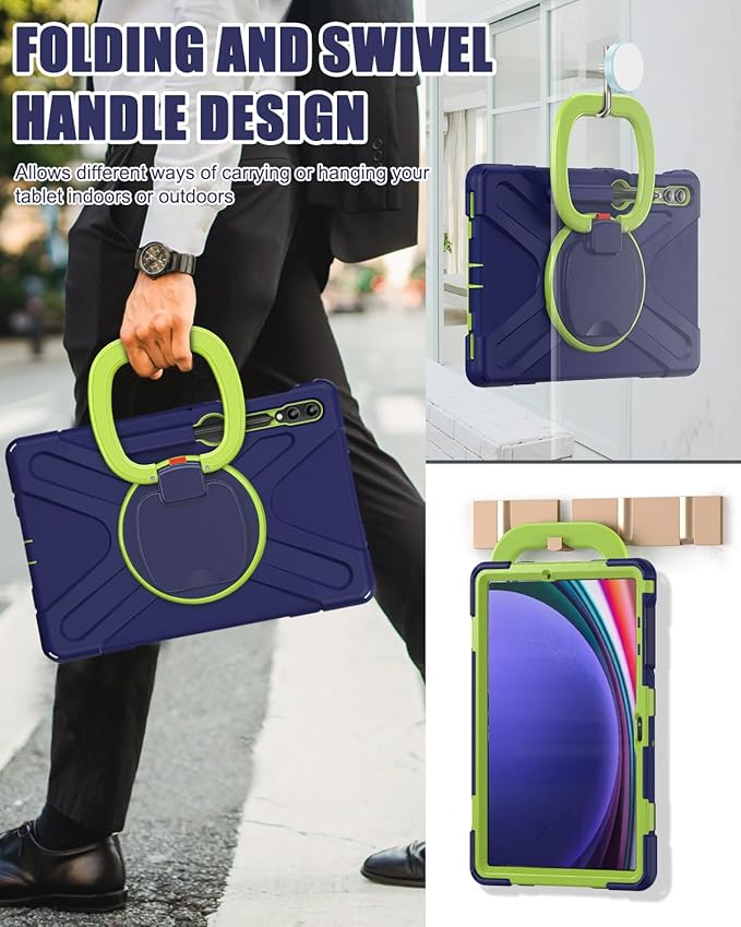 BRAECN Case for Samsung Galaxy Tab S9 FE+ Plus/ S9+/S8+/S7 FE/S7+ 12.4 Inch 2023, Heavy Duty Rugged Silicone Cover w/S Pen Holder, Handle Grip, Stable Kickstand, Shoulder Strap, Navy Green