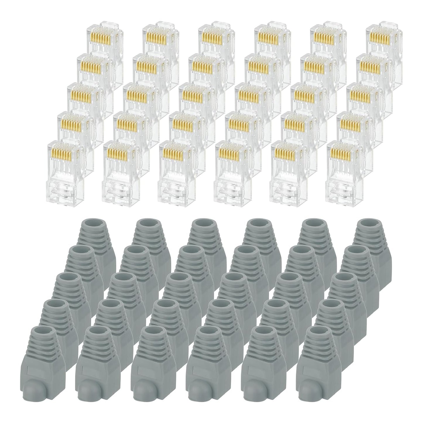 MECCANIXITY 30pcs Cat6 RJ45 Pass Through Connectors, RJ45 Connector 8P8C Gold Plated Plugs with 30pcs Dark Grey Strain Relief Boots for Solid or Stranded UTP Ethernet Cable, 1.1mm