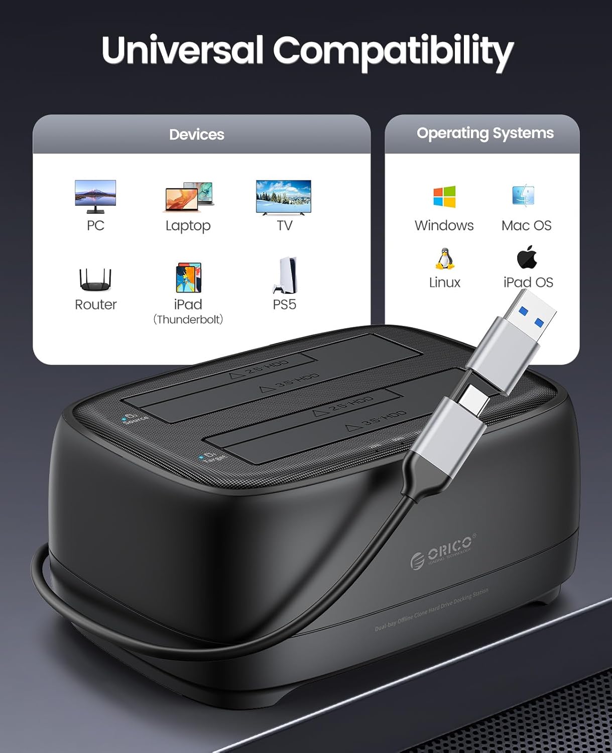 ORICO Hard Drive Docking Station with Offline Clone USB 3.2 Gen 1 to SATA Hard Drive Dock Dual Bay for 2.5&3.5 Inch SSD HDD Up to 44 TB with 12V Power Supply, Tool-Free and UASP Supported (DD28C3-C)