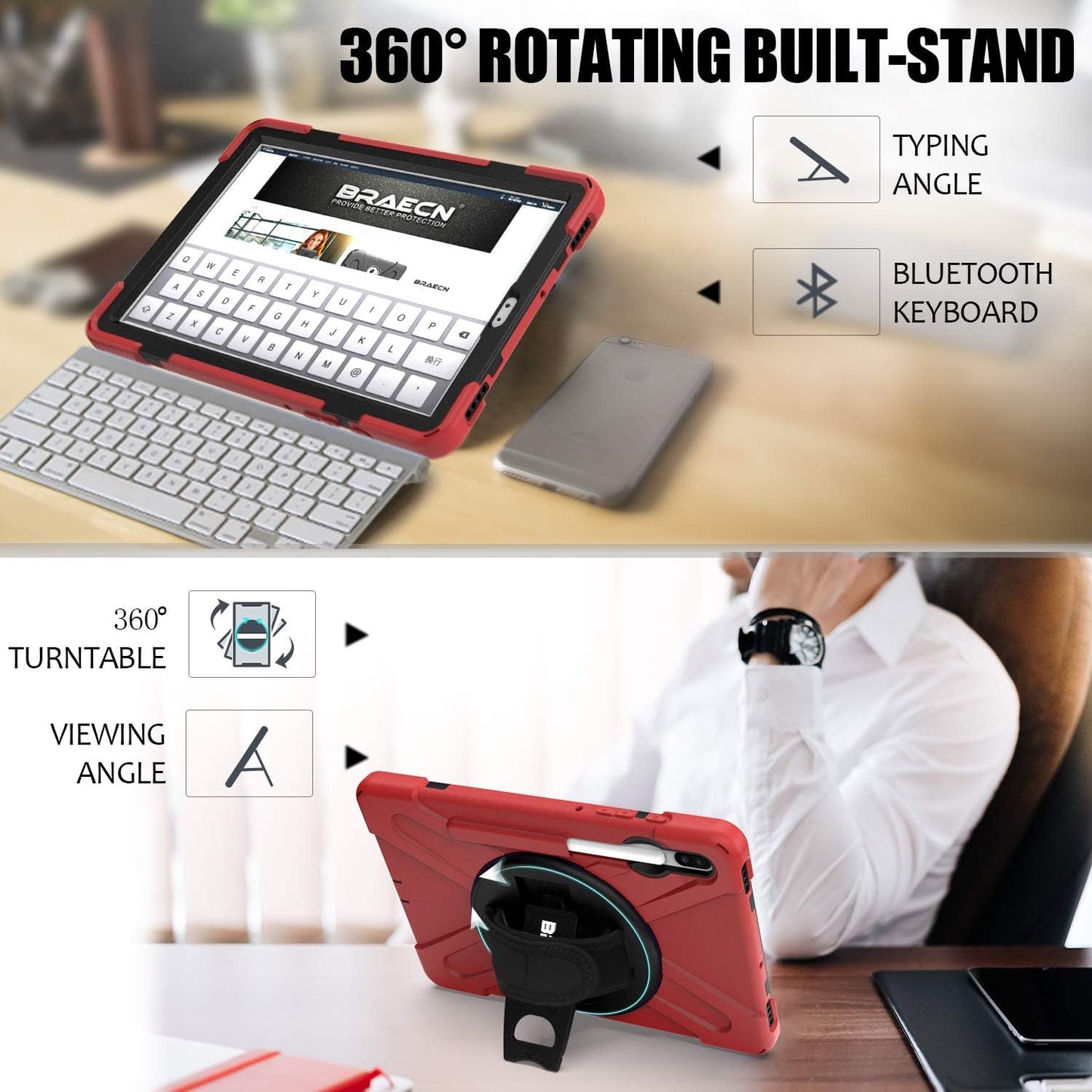 BRAECN for Galaxy Tab S6 Case,[with S Pen Holder] Three Layers Heavy Duty Shockproof Case with Hand Strap,Shoulder Strap,360 Kickstand for Galaxy Tab S6 10.5 Inch 2019(SM-T860/T865/T867)-Red