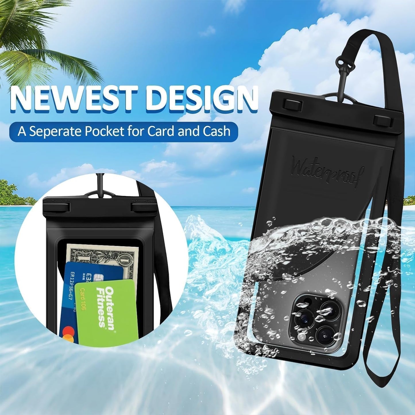 Waterproof Phone Case, with Inside Card Bag, Waterproof Phone Pouch for iPhone, Cell Phone Dry Bag for Cruise Travel Vacation Accessories Large Phone Holder, 2 Pack-Black