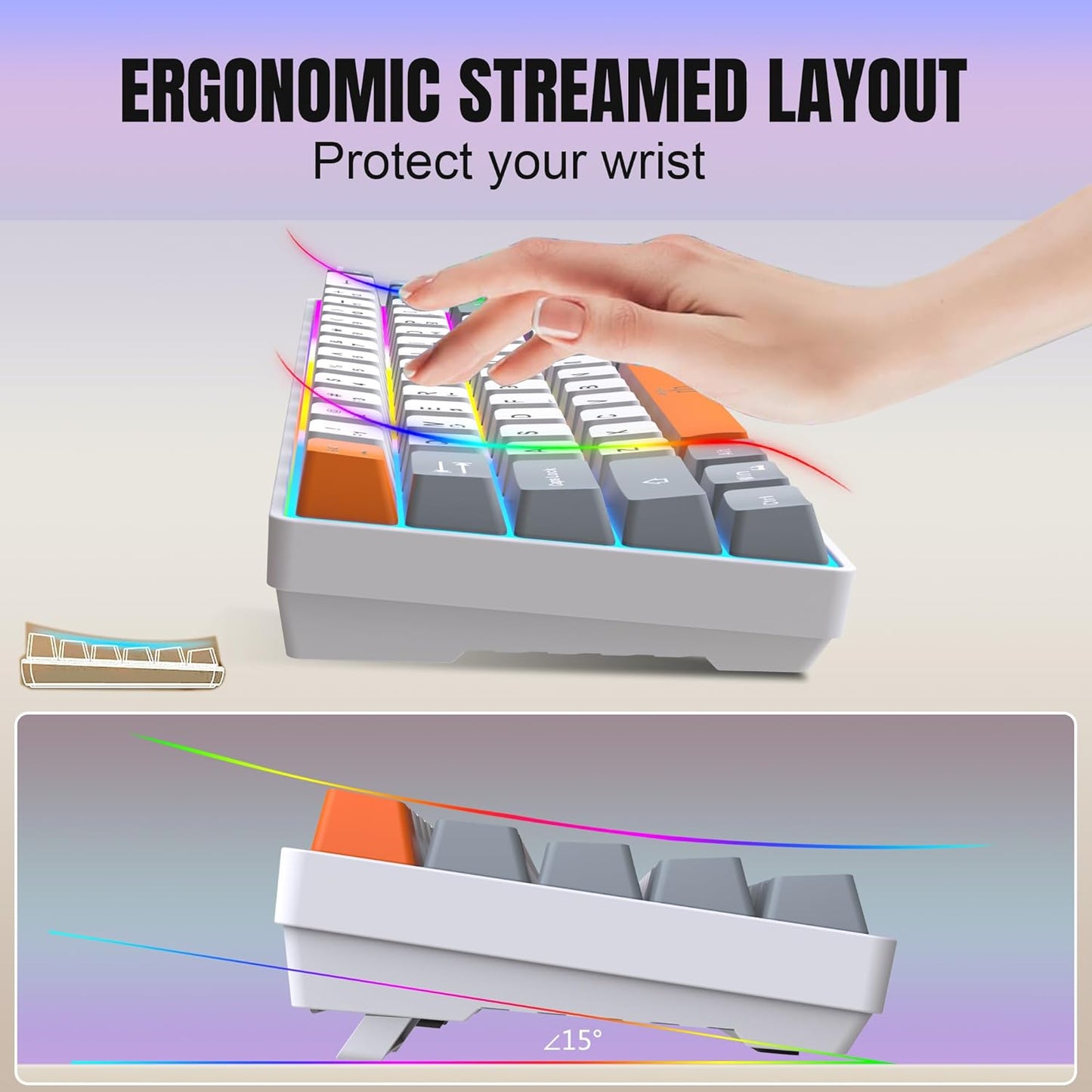 Snpurdiri 60% Wireless Gaming Keyboard and Mouse Combo,Rainbow Backlit Rechargeable 2000mAh Battery,Mini Mechanical Feel Keyboard +Popular RGB Mice for Gaming,Business Office(Gray-White-Orange)
