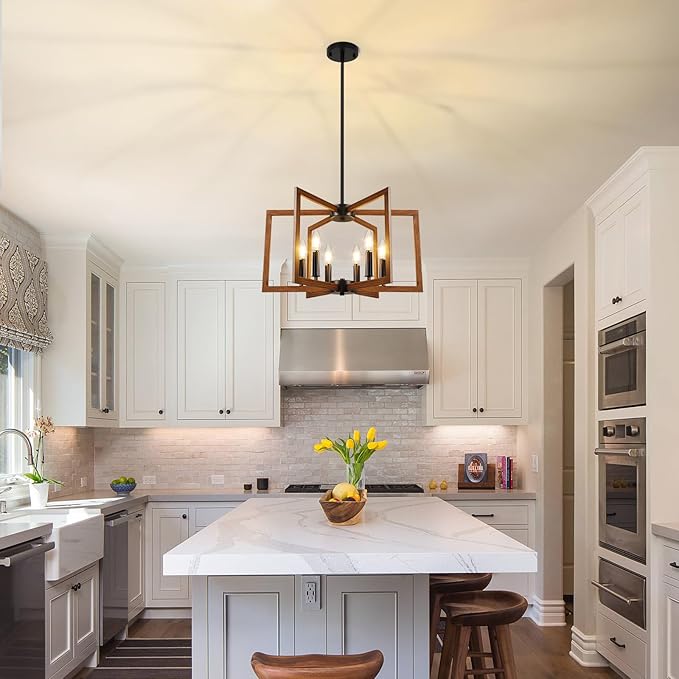 6-Light Wood Grain Chandelier, Farmhouse Dining Room Light Fixture, Modern Chandelier, Geometric Industrial Metal Hang Lighting Fixture for Foyer Entryway Kitchen Over Table Hallway Living Room
