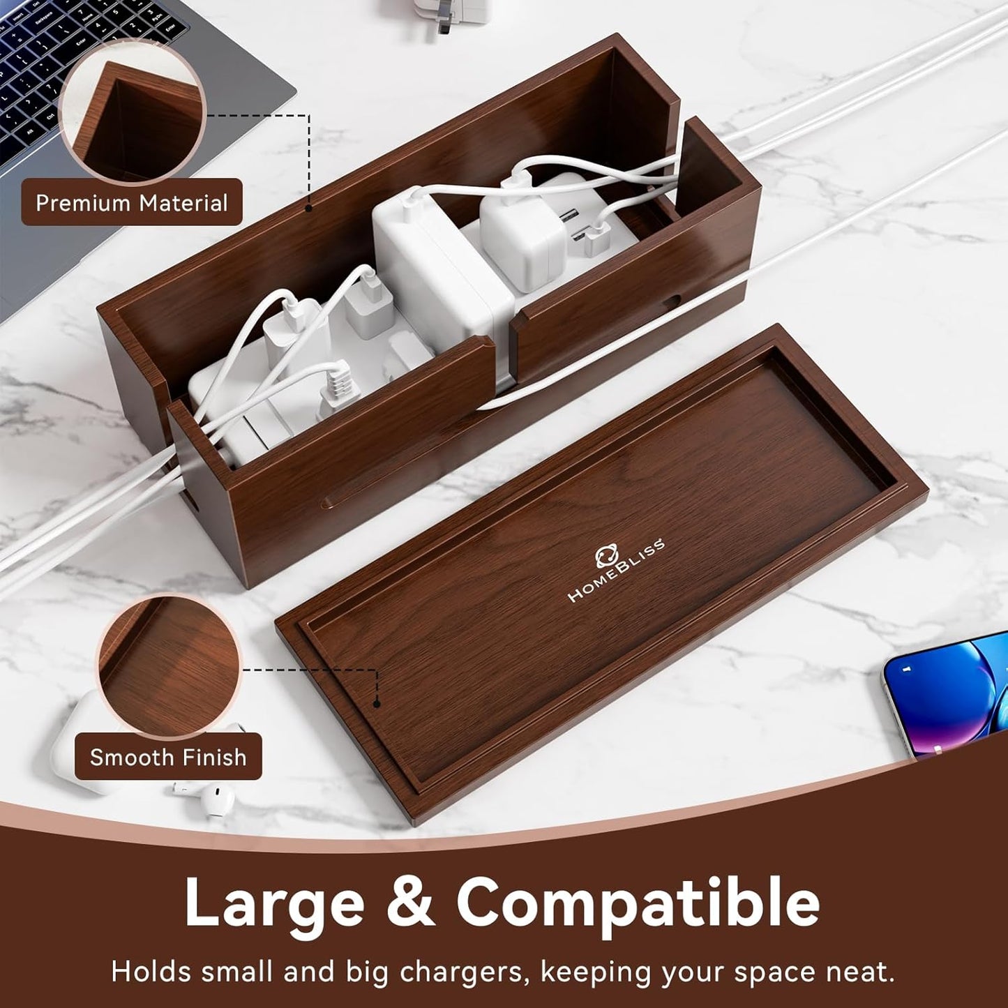 Large Cable Management Box-Stylish Wire Organizer, Wire Concealer and Wire Management Box-Wire Management Box with Protective Sleeve (Black)