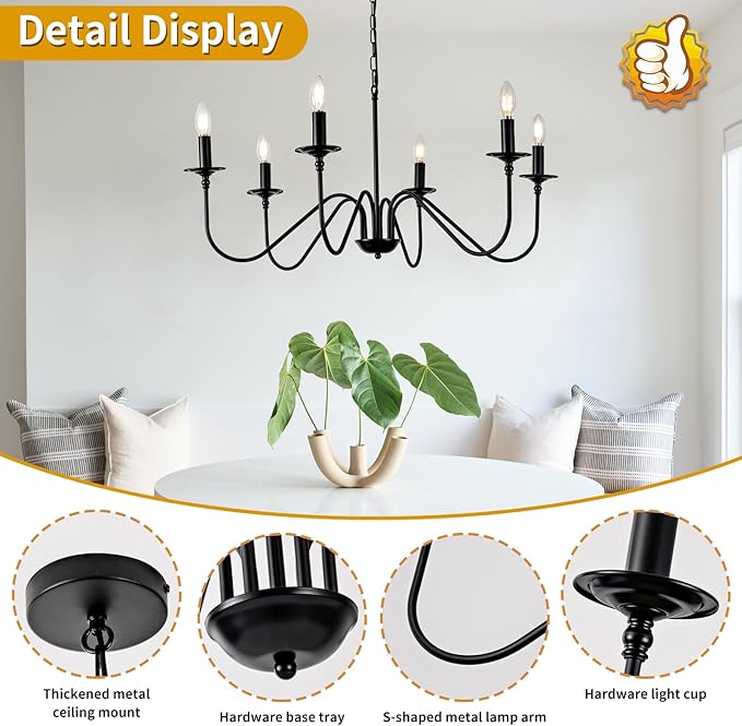 Black Farmhouse Chandeliers, 6 Light S-Arm Modern Candle Hanging Pendant Light, Industrial Rustic Metal Ceiling Kitchen Island Light for Living Room, Entryway, Foyer, Bedroom, Dining Room