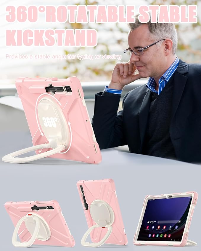 BRAECN Case for Samsung Galaxy Tab S9+/S8+/S7 FE/S7+ 12.4, Drop-Proof Rugged Case with Shoulder Strap, S Pen Holder,Stable Kickstand,Handle Grip for Galaxy Tab S9 Plus SM-X810/X816B/X818U-Sakura Pink