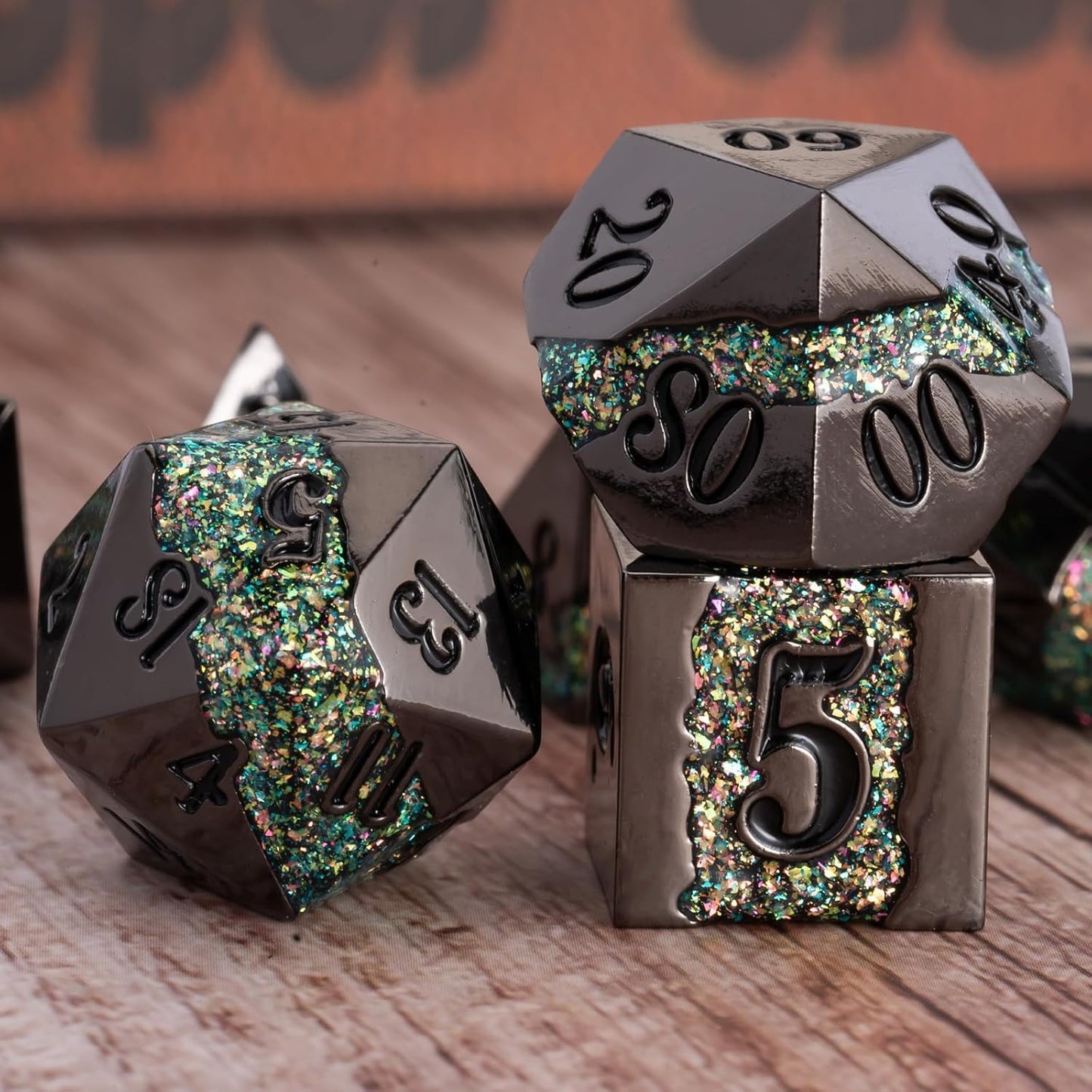 Black Glitter Metal Dice Set,Polyhedral Stripe DND Dice Set with Gift Box,RPG Solid Dungeons and Dragons Set 7pcs